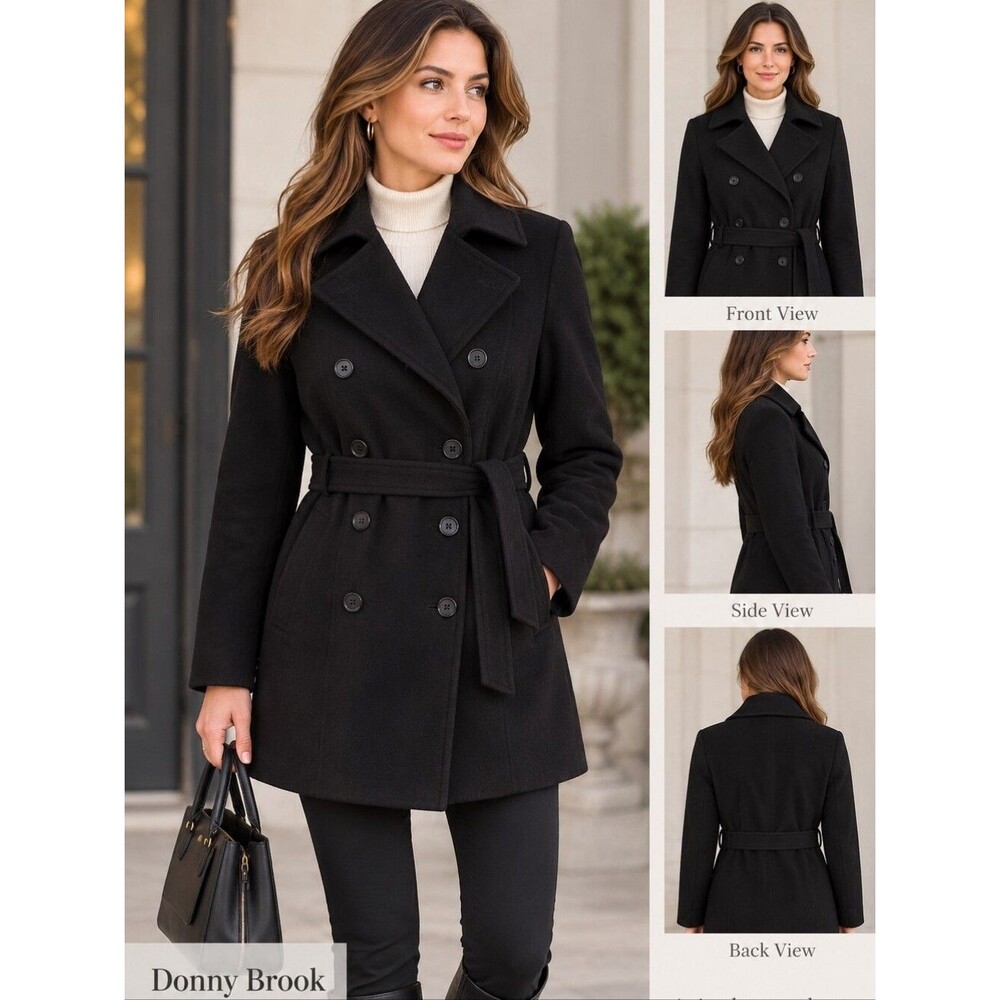EUC 100% wool Donnybrook women's black double breast belted pea coat wrapcoat 10